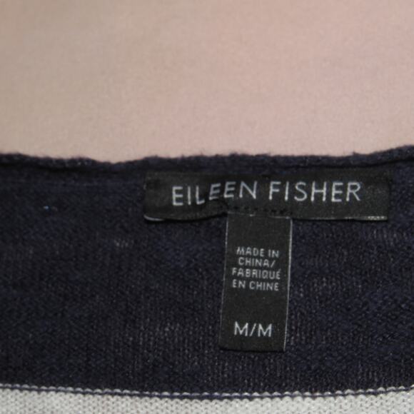 Eileen Fisher Navy Blue Striped Linen Blend Relaxed Fit V-Neck Top - Picture 8 of 9